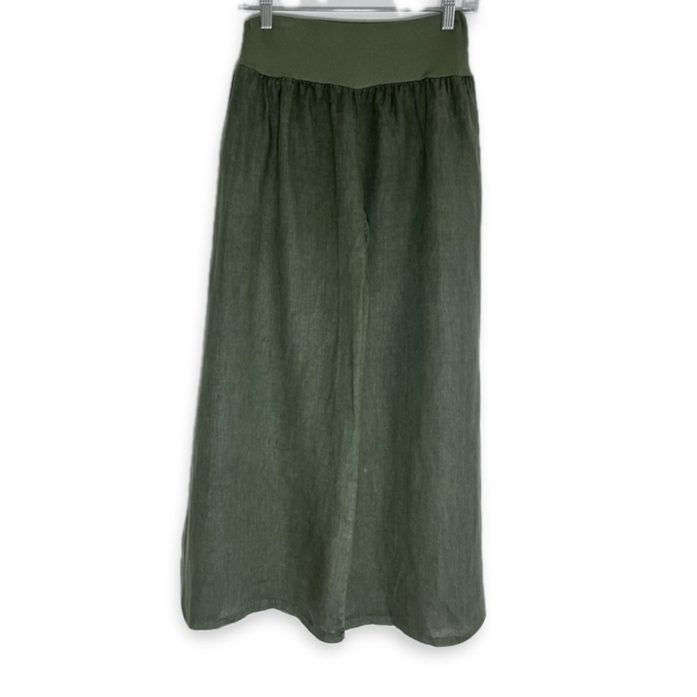 SAGA Italian 100% Linen Made in Italy Palazzo Pants Full Side Slits S-M Olive